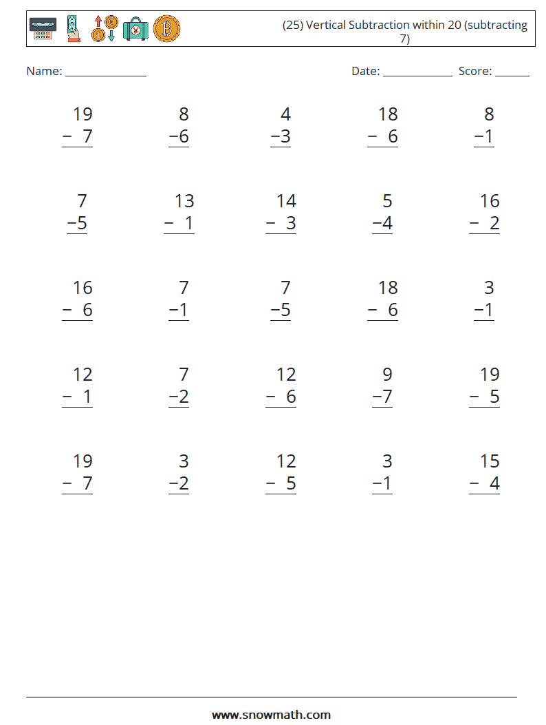 (25) Vertical Subtraction within 20 (subtracting 7) Maths Worksheets 8