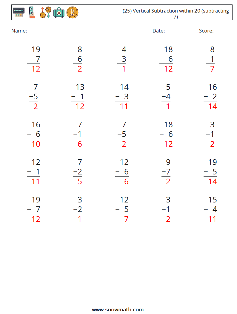 (25) Vertical Subtraction within 20 (subtracting 7) Maths Worksheets 8 Question, Answer