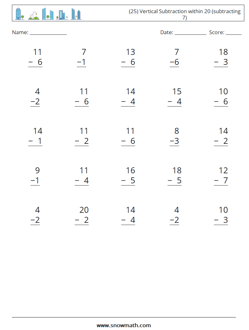 (25) Vertical Subtraction within 20 (subtracting 7) Maths Worksheets 9