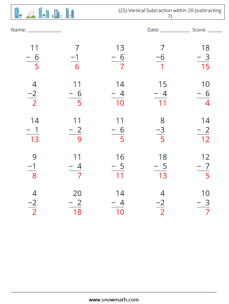 (25) Vertical Subtraction within 20 (subtracting 7) Maths Worksheets 9 Question, Answer