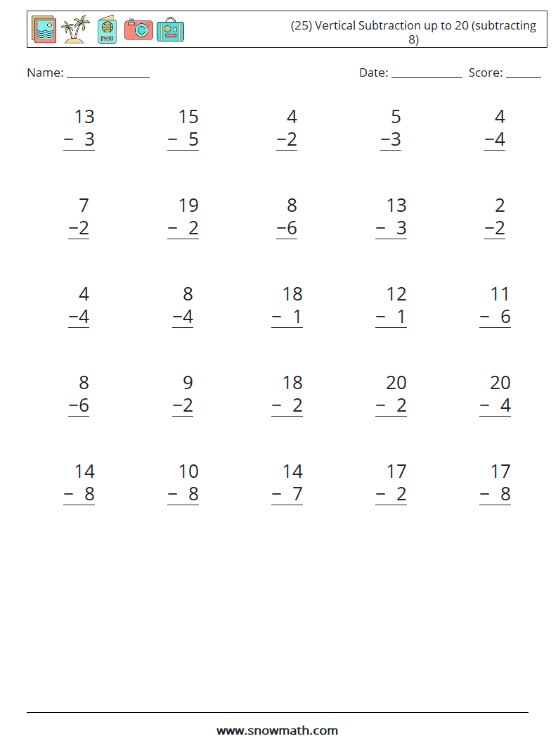 (25) Vertical Subtraction up to 20 (subtracting 8) Maths Worksheets 1