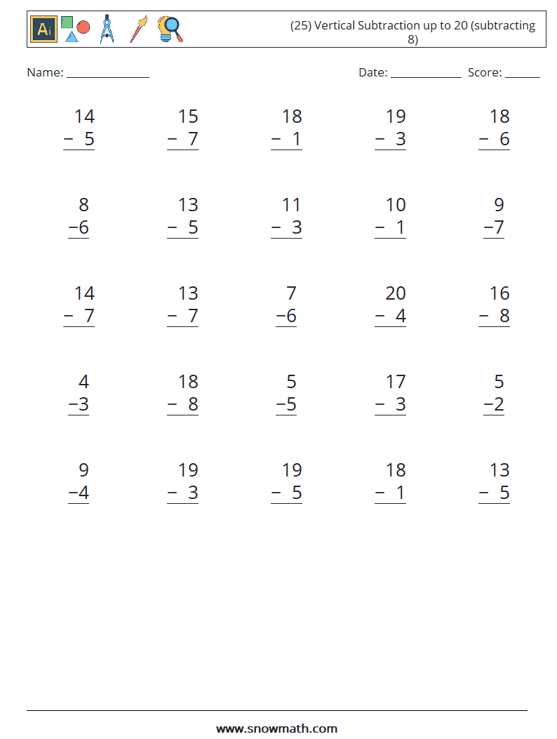 (25) Vertical Subtraction up to 20 (subtracting 8) Maths Worksheets 10