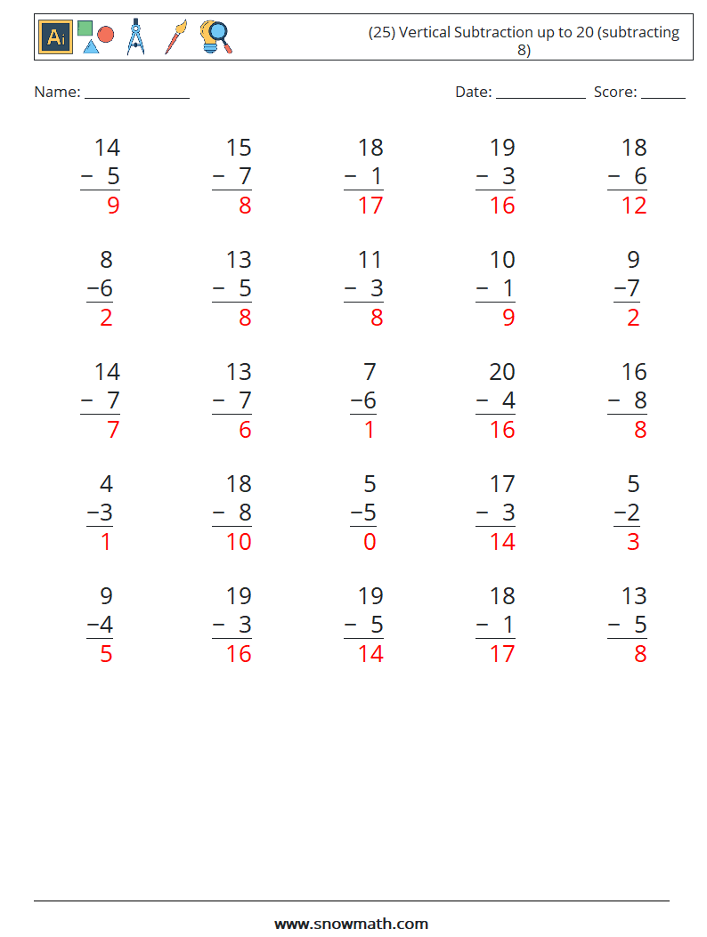 (25) Vertical Subtraction up to 20 (subtracting 8) Maths Worksheets 10 Question, Answer