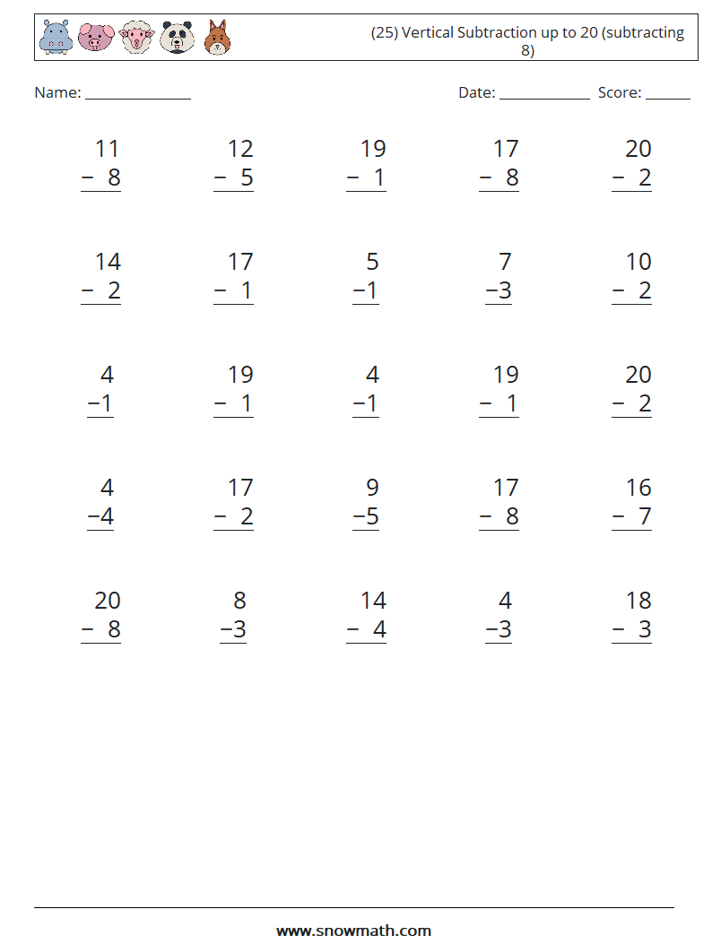 (25) Vertical Subtraction up to 20 (subtracting 8) Maths Worksheets 11