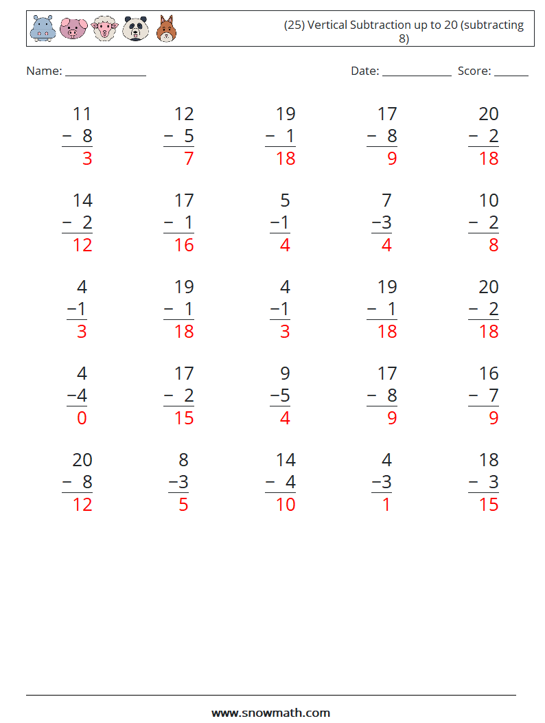 (25) Vertical Subtraction up to 20 (subtracting 8) Maths Worksheets 11 Question, Answer