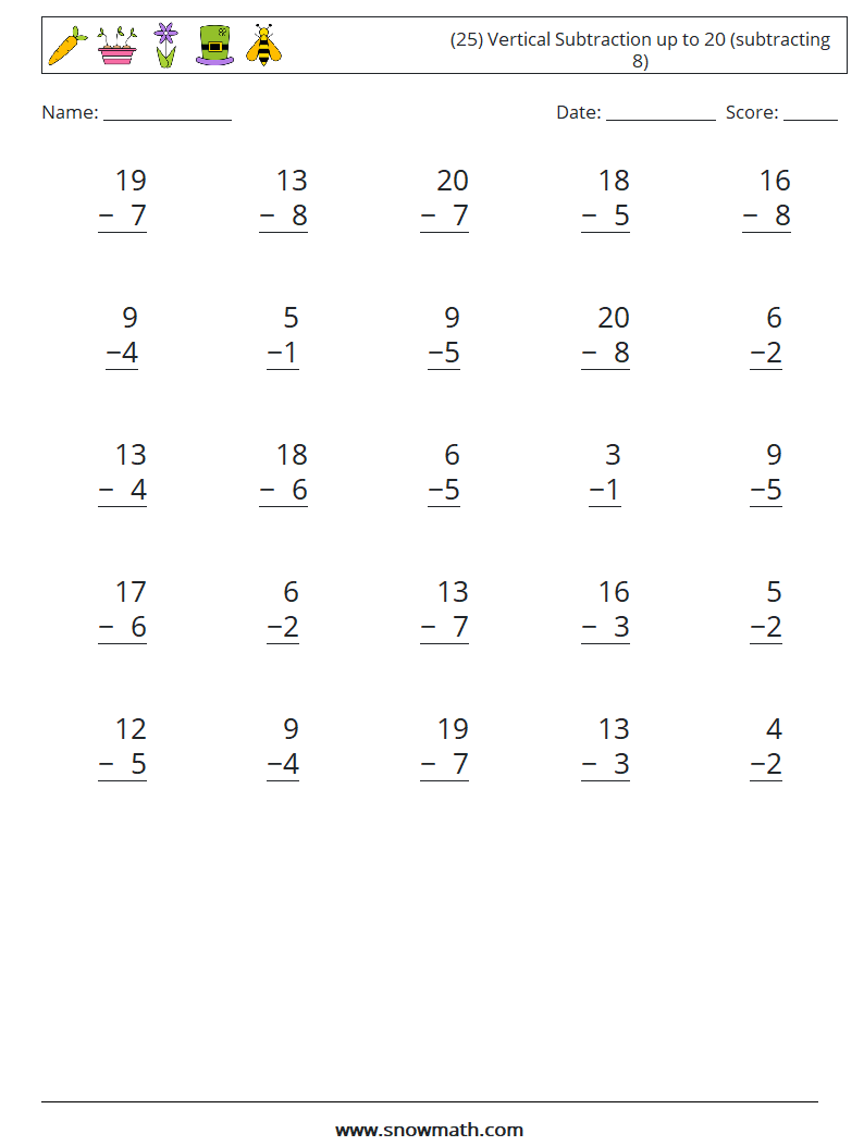 (25) Vertical Subtraction up to 20 (subtracting 8) Maths Worksheets 12