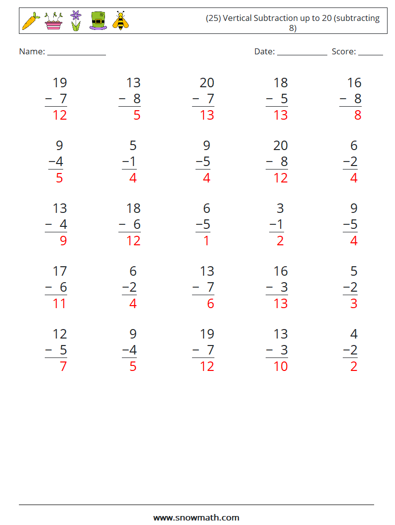 (25) Vertical Subtraction up to 20 (subtracting 8) Maths Worksheets 12 Question, Answer