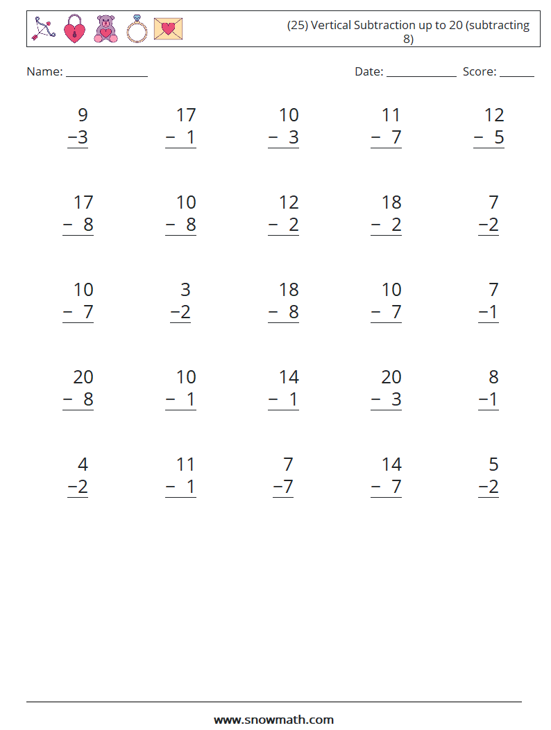 (25) Vertical Subtraction up to 20 (subtracting 8) Maths Worksheets 13