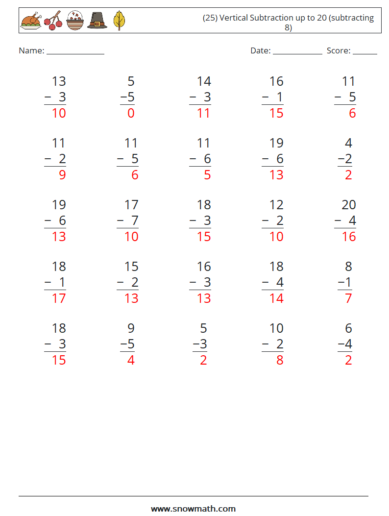 (25) Vertical Subtraction up to 20 (subtracting 8) Maths Worksheets 14 Question, Answer