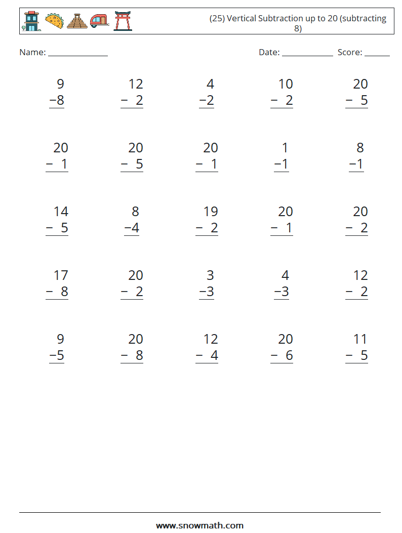 (25) Vertical Subtraction up to 20 (subtracting 8) Maths Worksheets 16