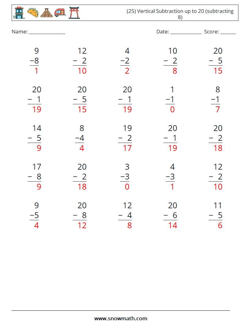 (25) Vertical Subtraction up to 20 (subtracting 8) Maths Worksheets 16 Question, Answer