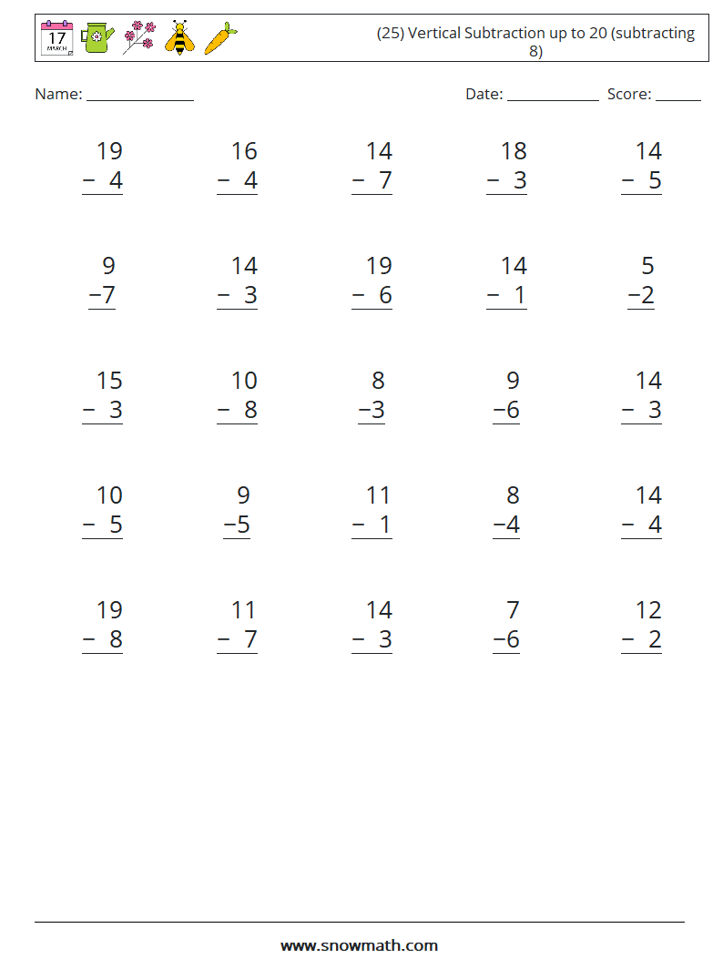 (25) Vertical Subtraction up to 20 (subtracting 8) Maths Worksheets 17