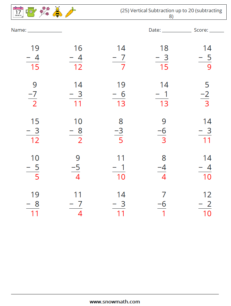 (25) Vertical Subtraction up to 20 (subtracting 8) Maths Worksheets 17 Question, Answer