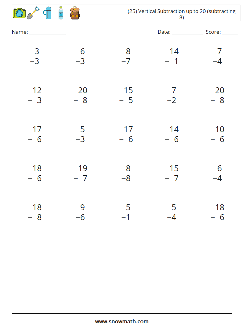 (25) Vertical Subtraction up to 20 (subtracting 8) Maths Worksheets 18