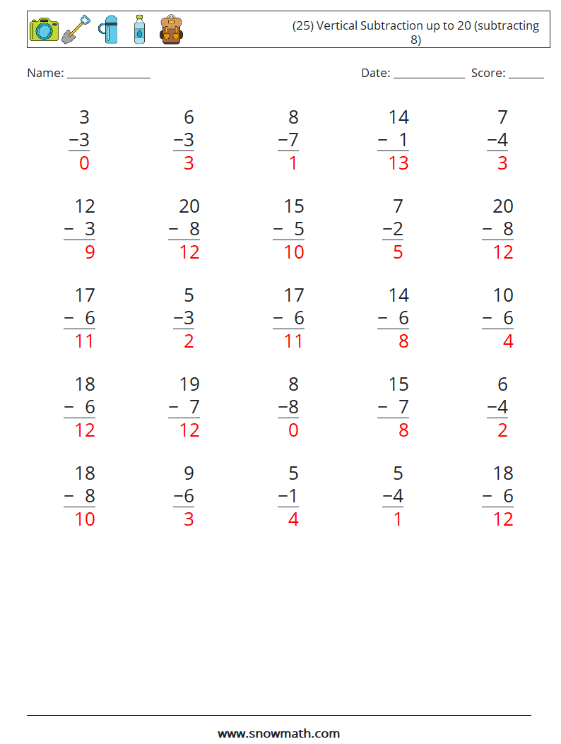 (25) Vertical Subtraction up to 20 (subtracting 8) Maths Worksheets 18 Question, Answer