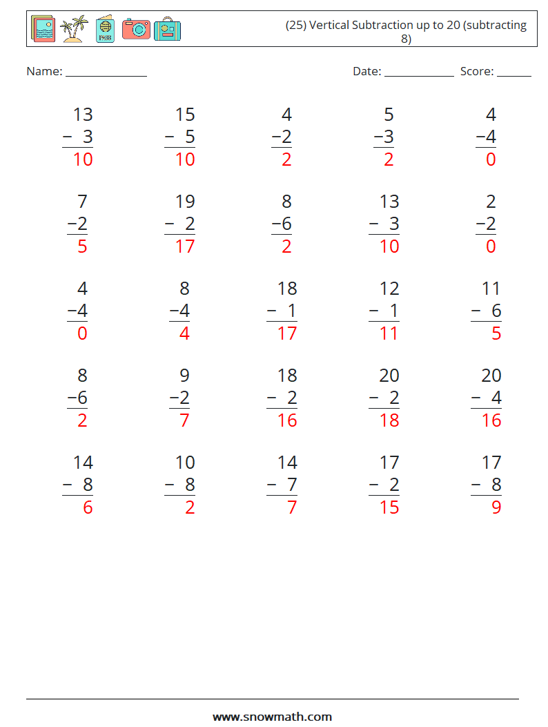 (25) Vertical Subtraction up to 20 (subtracting 8) Maths Worksheets 1 Question, Answer