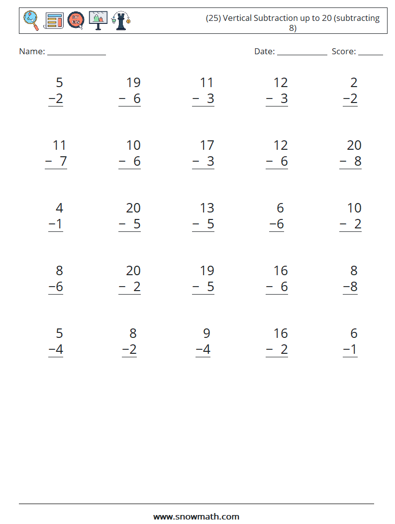(25) Vertical Subtraction up to 20 (subtracting 8) Maths Worksheets 2