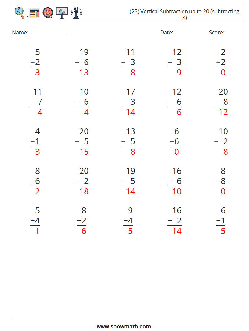 (25) Vertical Subtraction up to 20 (subtracting 8) Maths Worksheets 2 Question, Answer