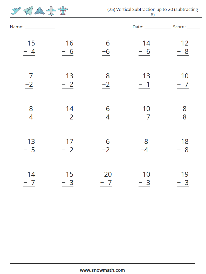(25) Vertical Subtraction up to 20 (subtracting 8) Maths Worksheets 3