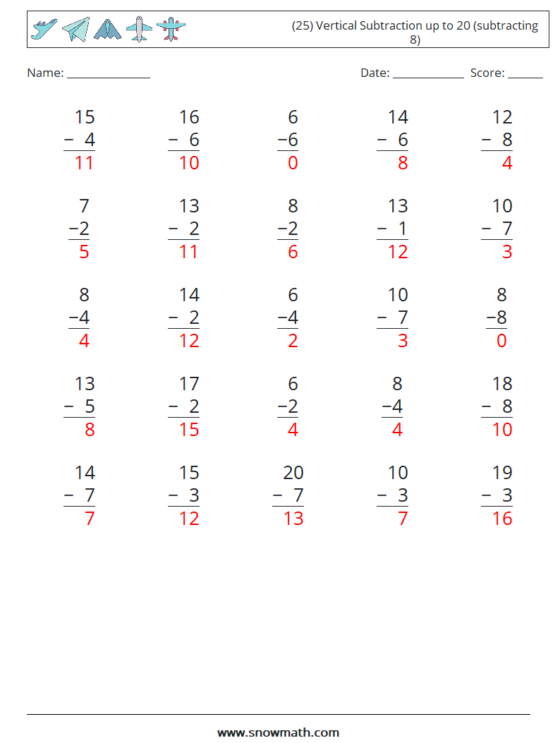 (25) Vertical Subtraction up to 20 (subtracting 8) Maths Worksheets 3 Question, Answer