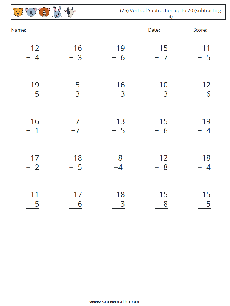 (25) Vertical Subtraction up to 20 (subtracting 8) Maths Worksheets 4