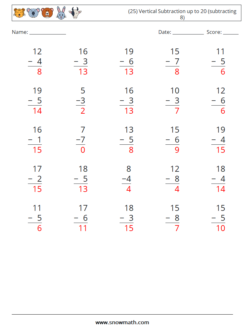 (25) Vertical Subtraction up to 20 (subtracting 8) Maths Worksheets 4 Question, Answer