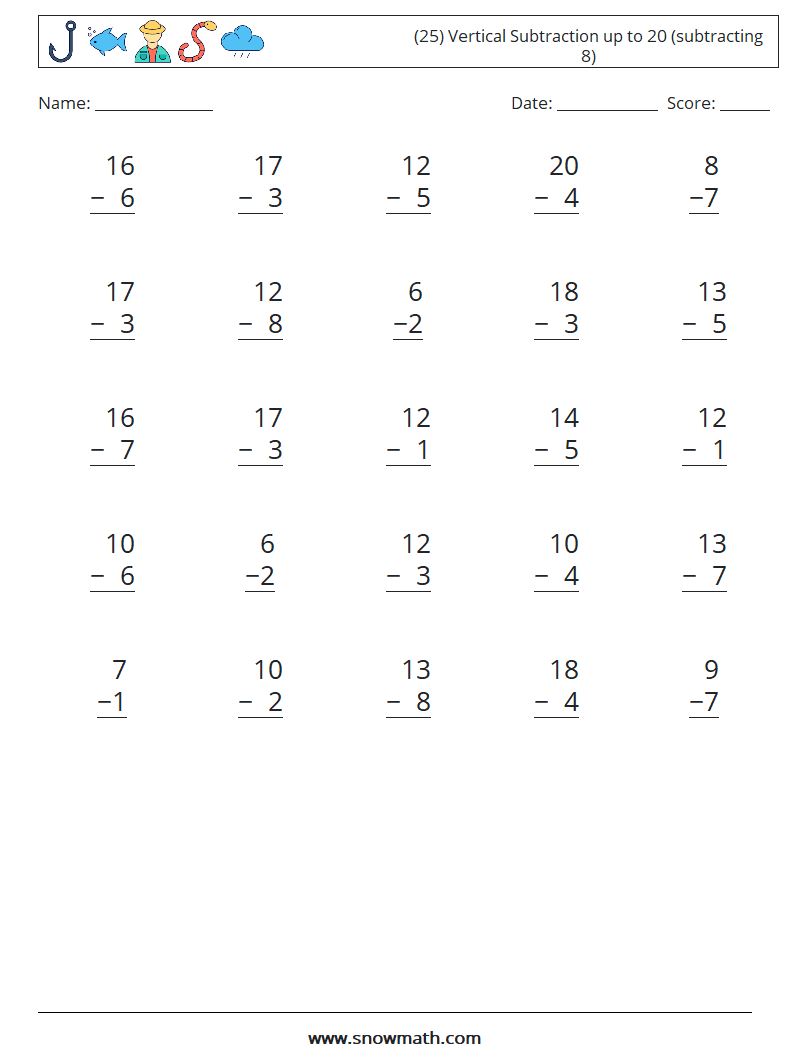 (25) Vertical Subtraction up to 20 (subtracting 8) Maths Worksheets 5