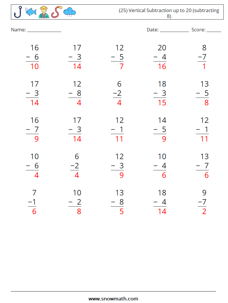 (25) Vertical Subtraction up to 20 (subtracting 8) Maths Worksheets 5 Question, Answer