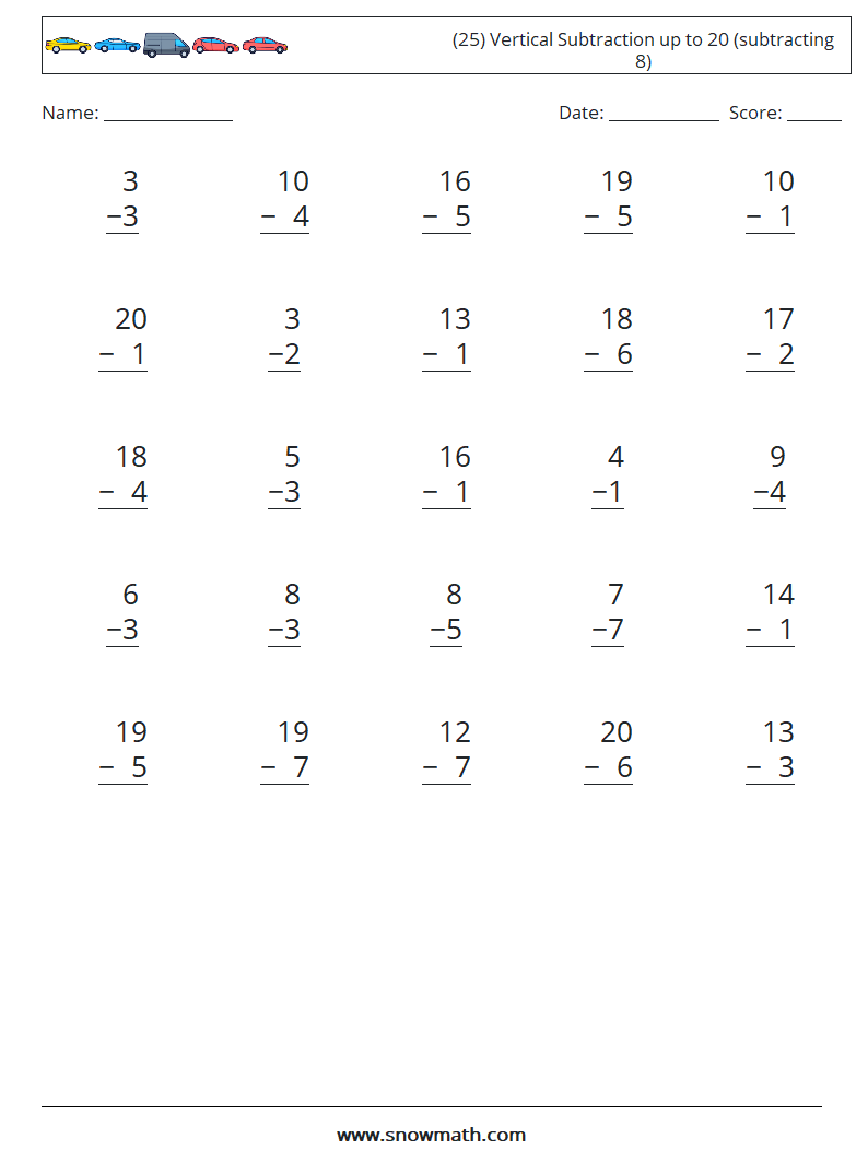 (25) Vertical Subtraction up to 20 (subtracting 8) Maths Worksheets 6