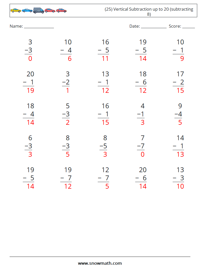(25) Vertical Subtraction up to 20 (subtracting 8) Maths Worksheets 6 Question, Answer