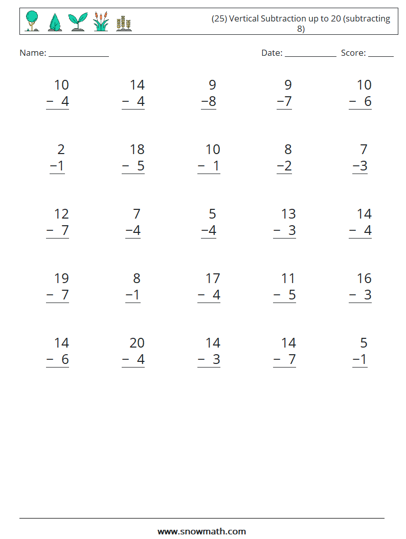 (25) Vertical Subtraction up to 20 (subtracting 8) Maths Worksheets 8