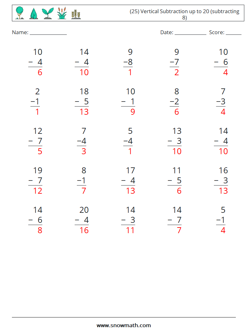 (25) Vertical Subtraction up to 20 (subtracting 8) Maths Worksheets 8 Question, Answer