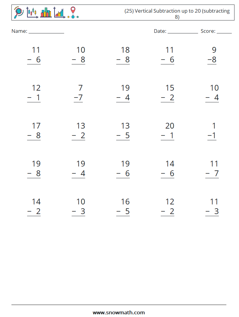 (25) Vertical Subtraction up to 20 (subtracting 8) Maths Worksheets 9