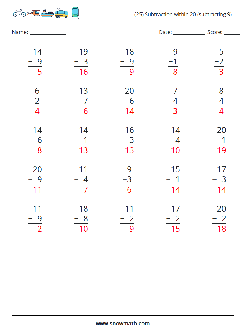 (25) Subtraction within 20 (subtracting 9) Maths Worksheets 11 Question, Answer