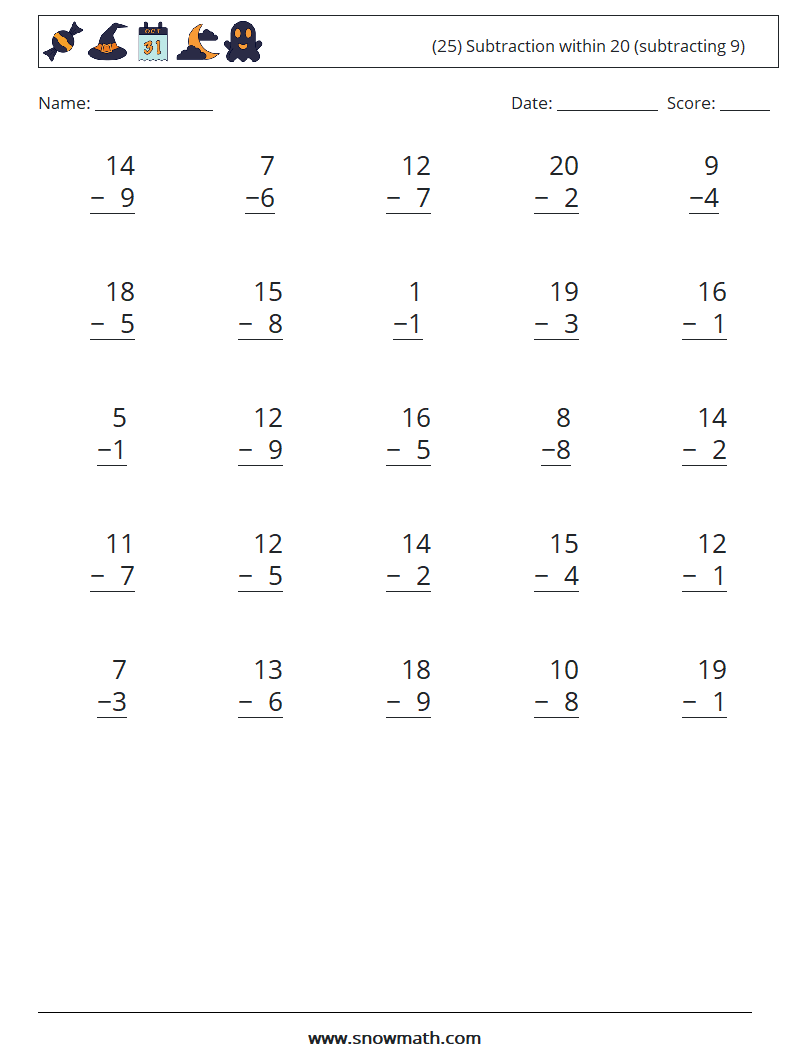 (25) Subtraction within 20 (subtracting 9) Maths Worksheets 12