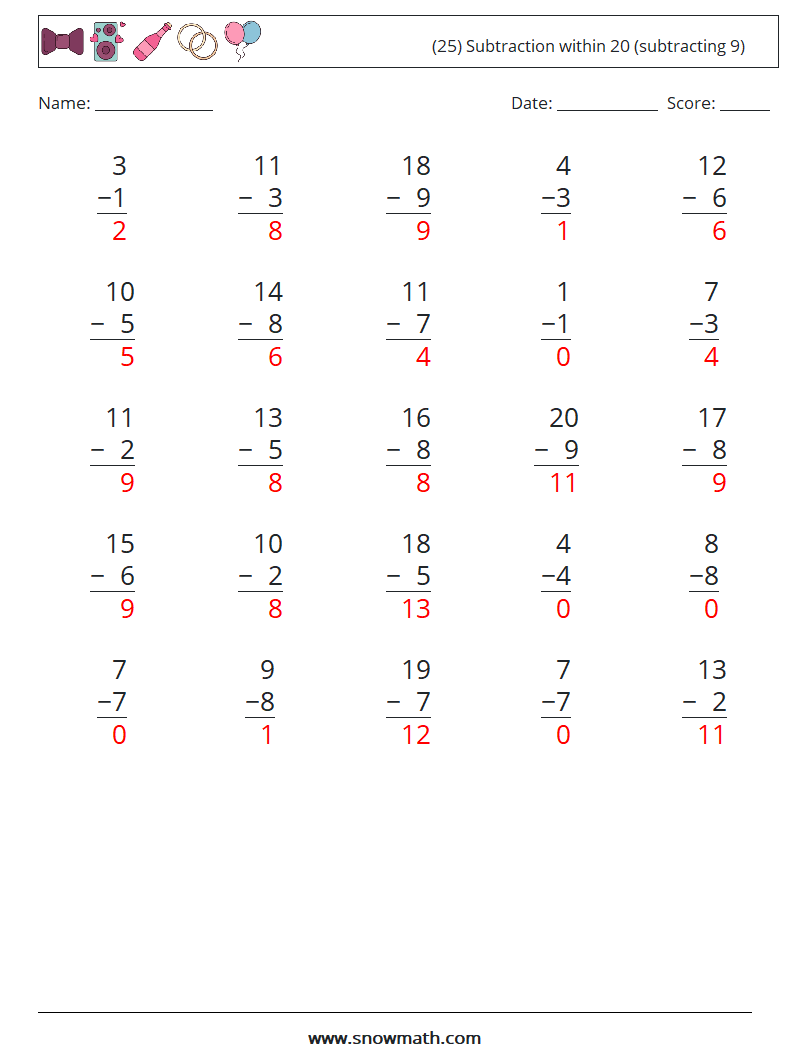 (25) Subtraction within 20 (subtracting 9) Maths Worksheets 13 Question, Answer