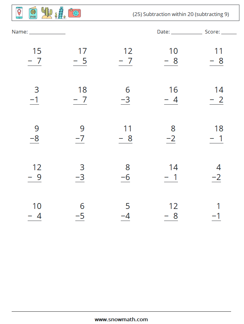 (25) Subtraction within 20 (subtracting 9) Maths Worksheets 14