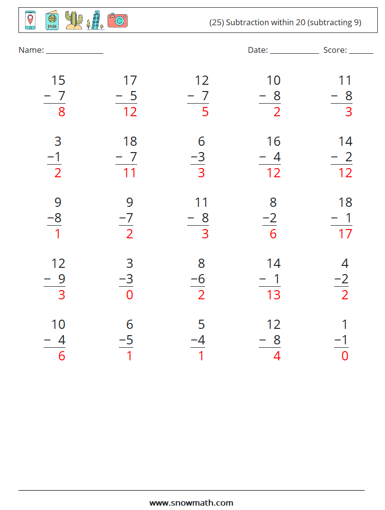 (25) Subtraction within 20 (subtracting 9) Maths Worksheets 14 Question, Answer