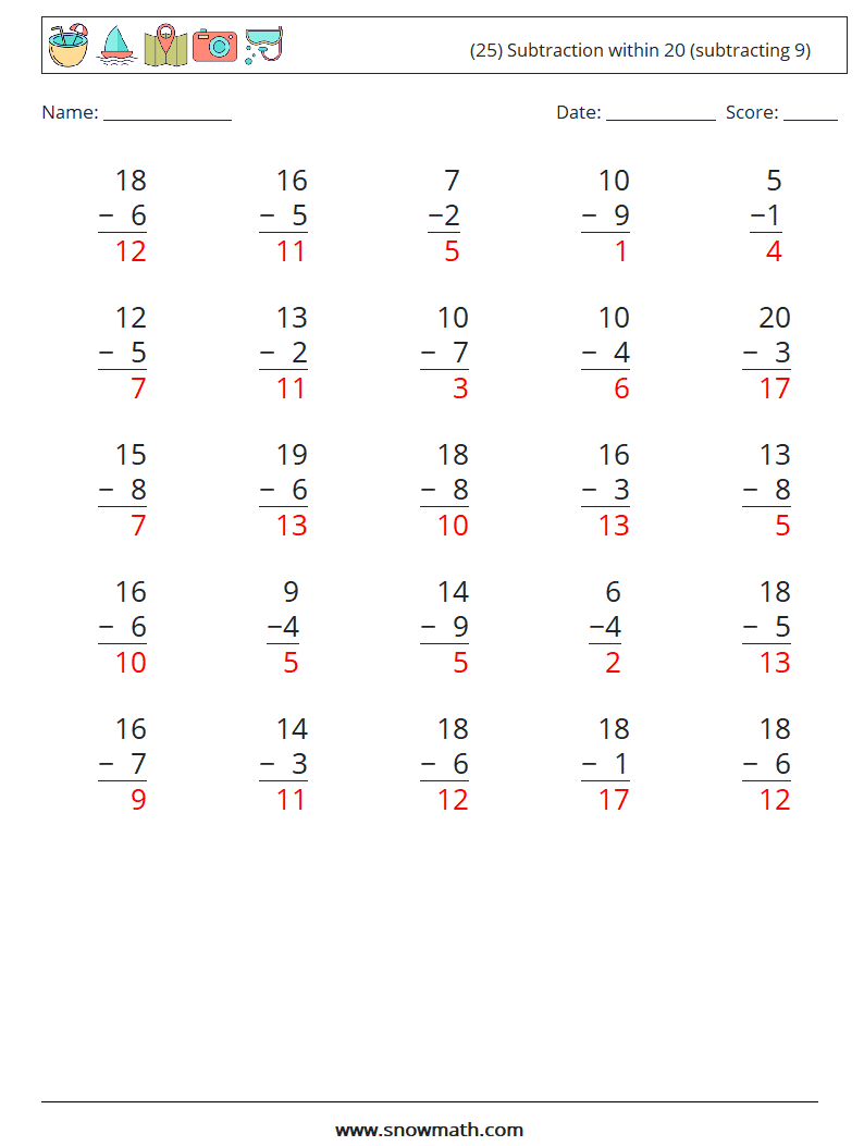 (25) Subtraction within 20 (subtracting 9) Maths Worksheets 15 Question, Answer