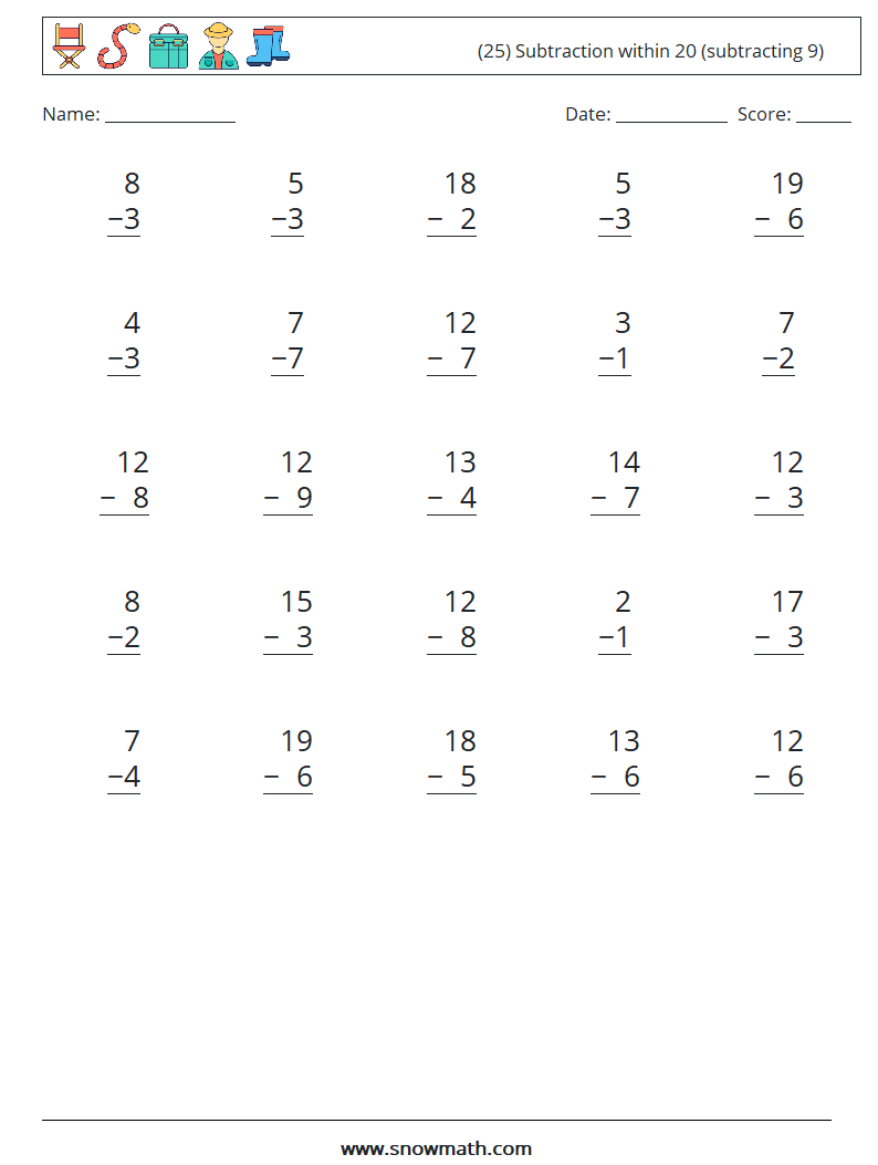 (25) Subtraction within 20 (subtracting 9) Maths Worksheets 16