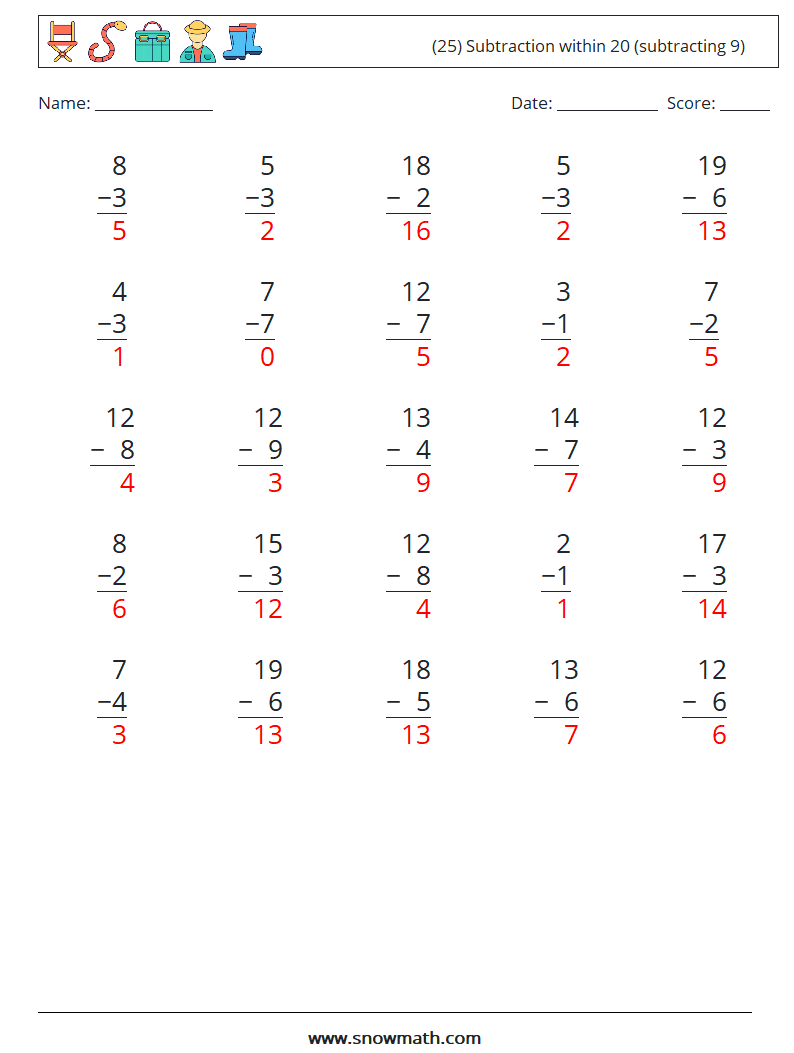 (25) Subtraction within 20 (subtracting 9) Maths Worksheets 16 Question, Answer