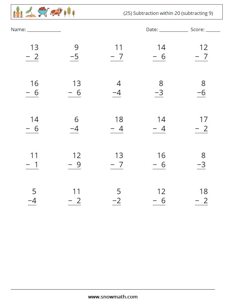 (25) Subtraction within 20 (subtracting 9) Maths Worksheets 17