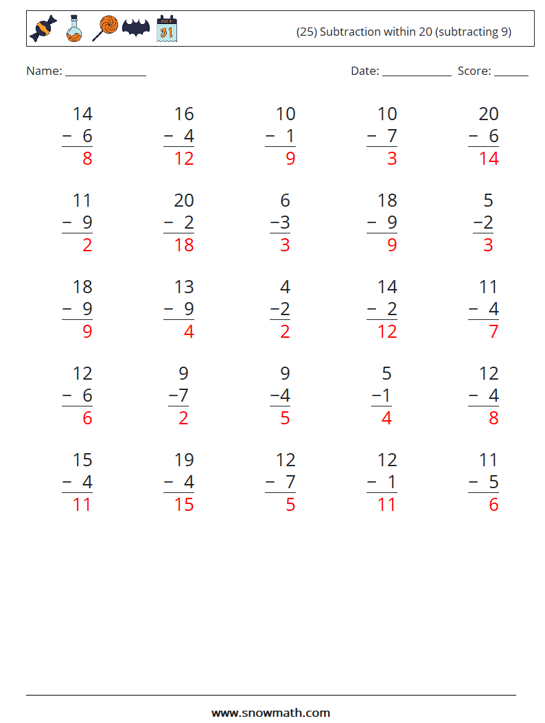 (25) Subtraction within 20 (subtracting 9) Maths Worksheets 18 Question, Answer