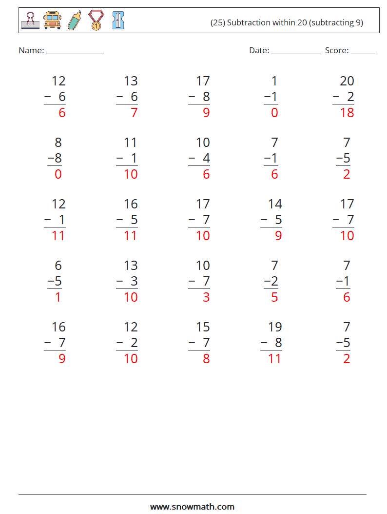 (25) Subtraction within 20 (subtracting 9) Maths Worksheets 1 Question, Answer