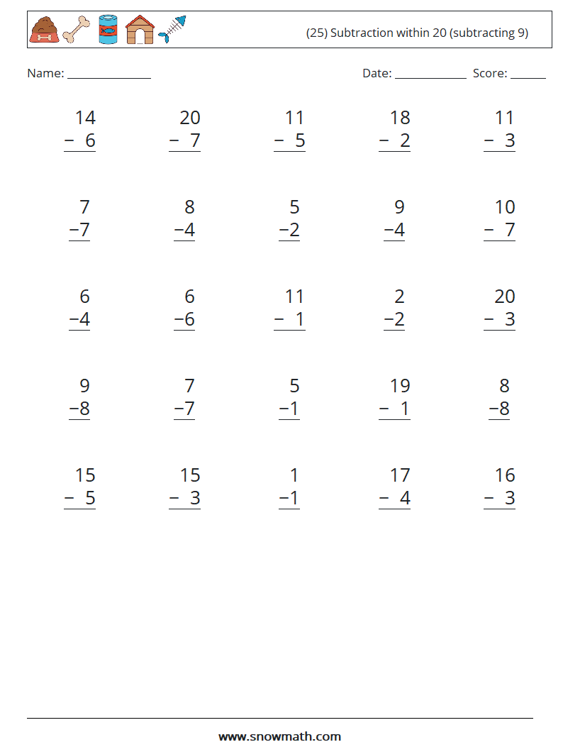 (25) Subtraction within 20 (subtracting 9) Maths Worksheets 2