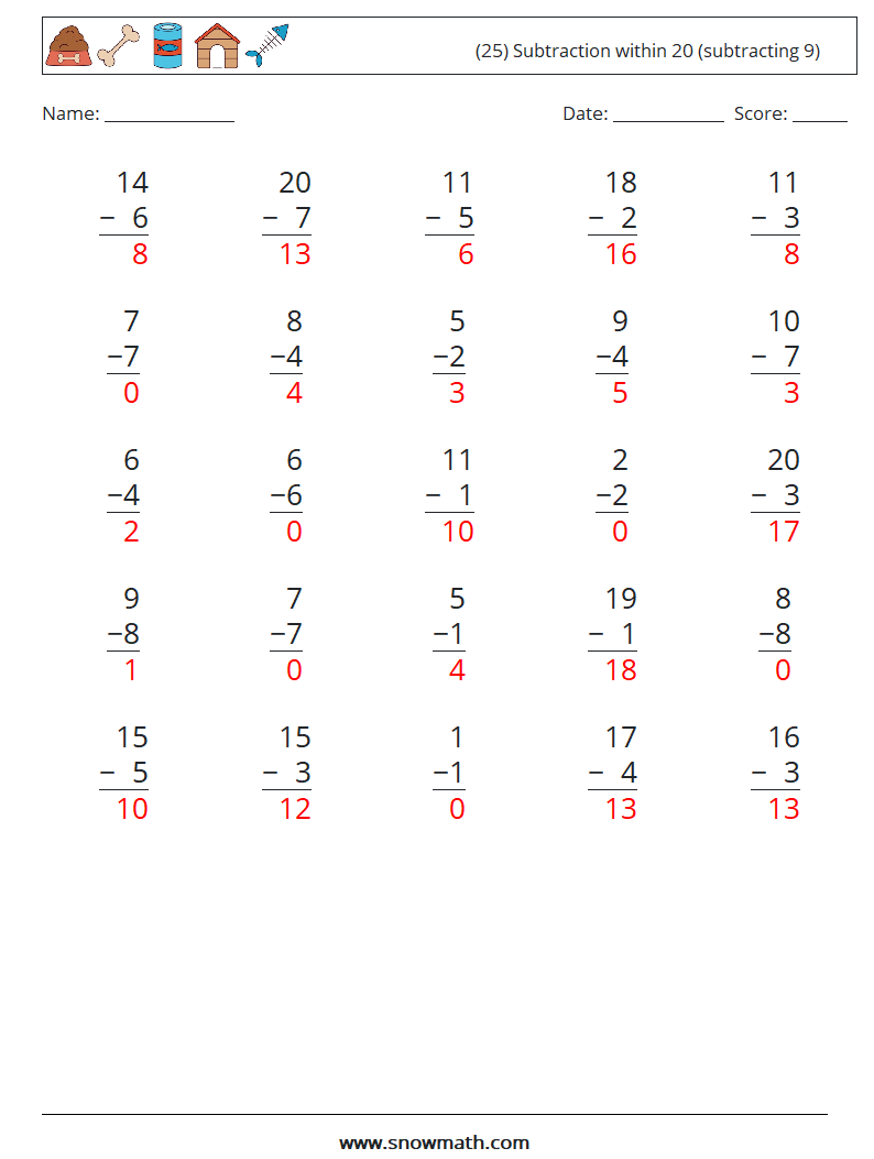 (25) Subtraction within 20 (subtracting 9) Maths Worksheets 2 Question, Answer