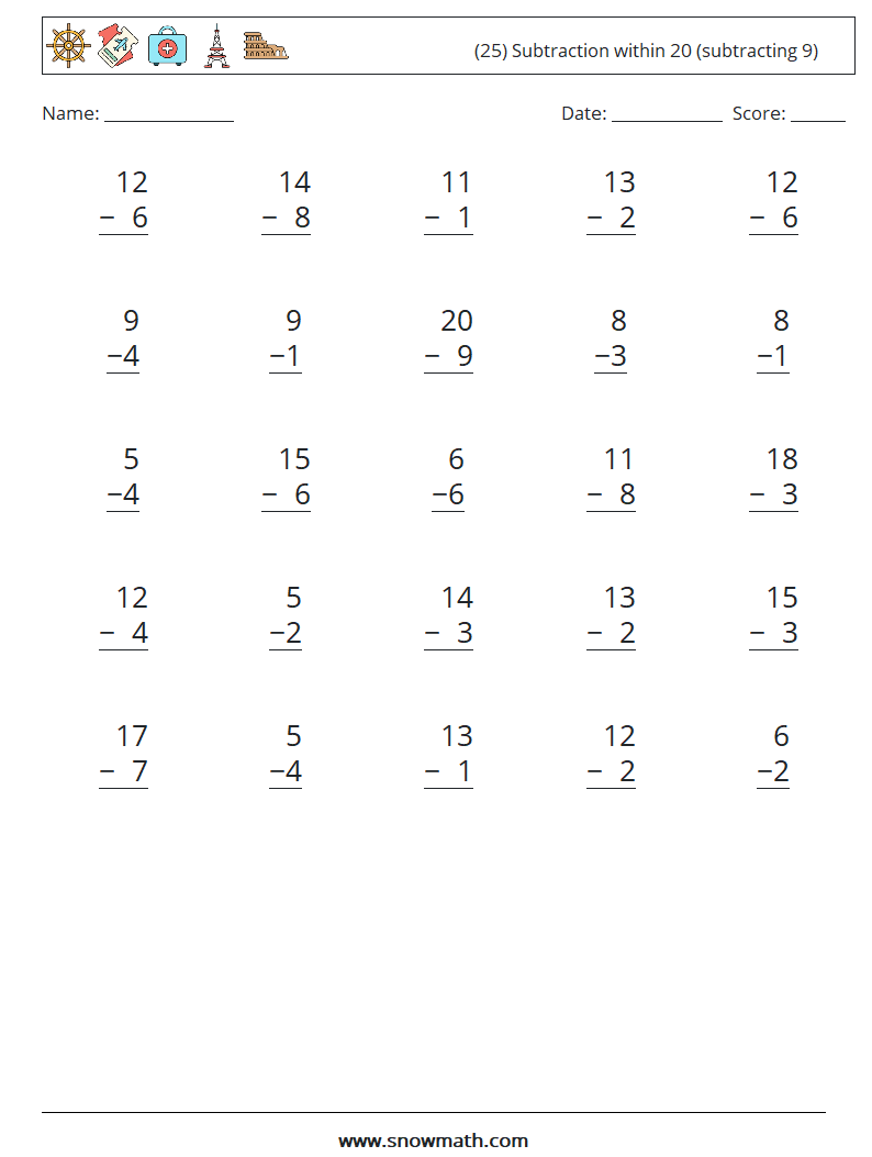 (25) Subtraction within 20 (subtracting 9) Maths Worksheets 4