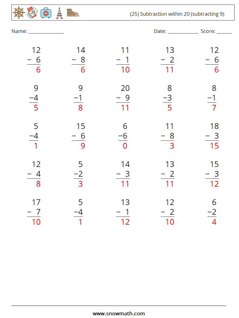 (25) Subtraction within 20 (subtracting 9) Maths Worksheets 4 Question, Answer