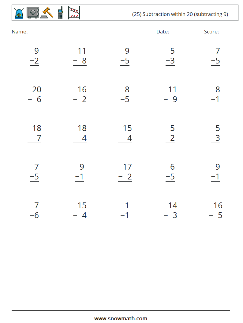 (25) Subtraction within 20 (subtracting 9) Maths Worksheets 5