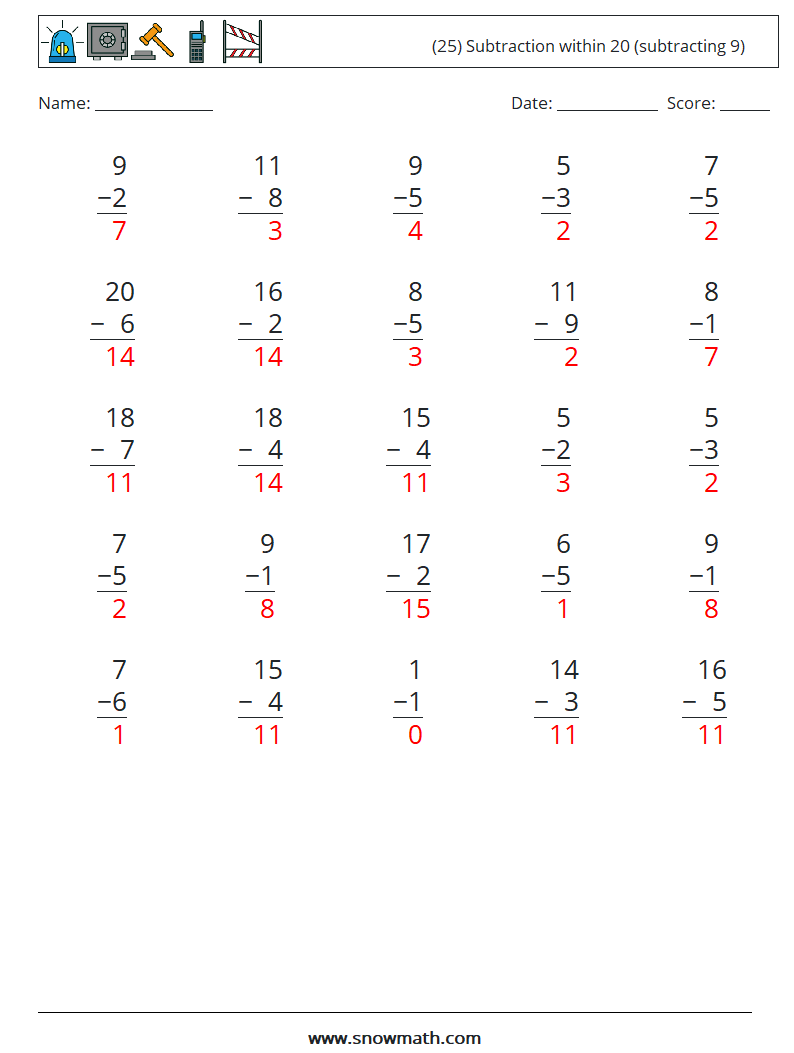 (25) Subtraction within 20 (subtracting 9) Maths Worksheets 5 Question, Answer